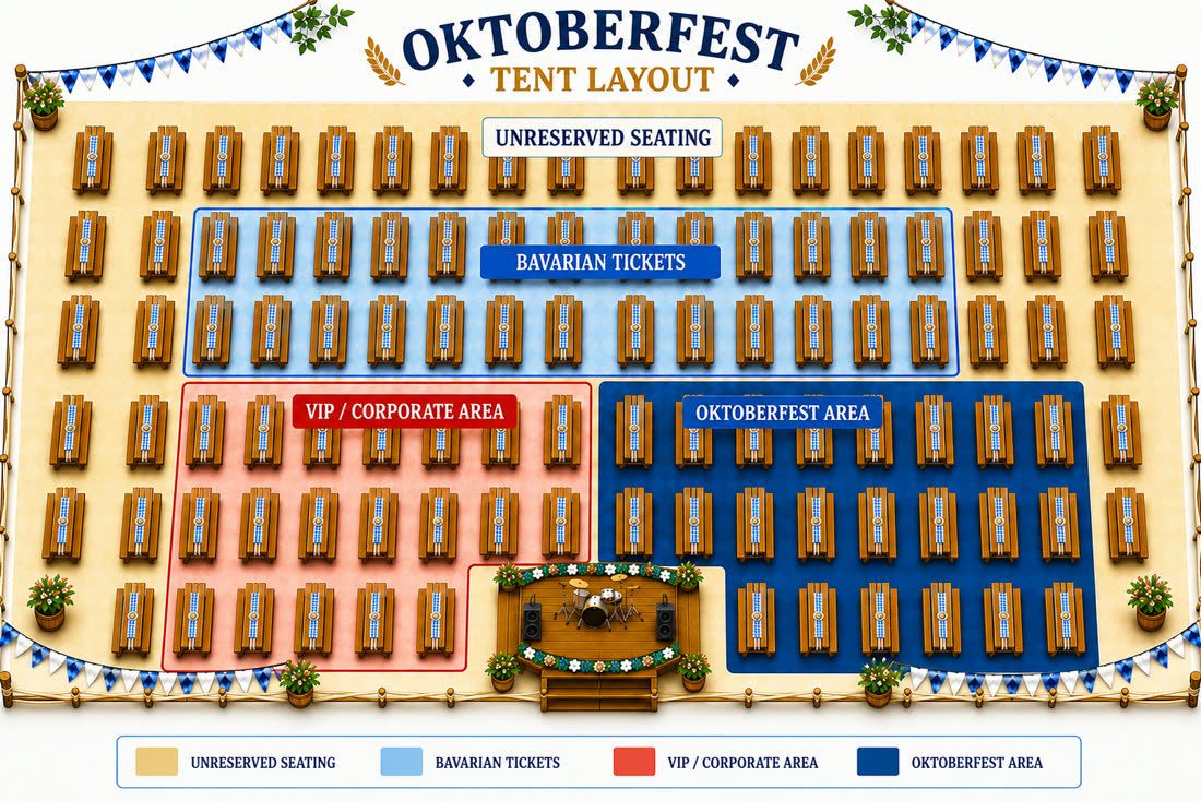 Oktoberfest tent layout showing unreserved seating, Bavarian tickets, VIP and corporate area, Oktoberfest area and the stage